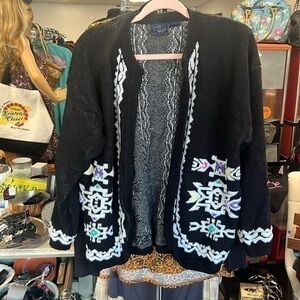 Vintage David, Brett, open cardigan, size, large black, white, and multicolor